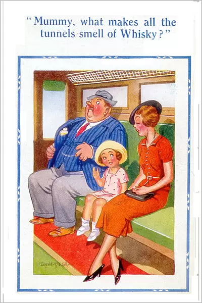 Comic postcard, Little girl in train compartment Date: 20th century
