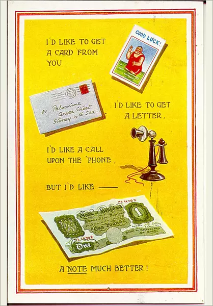 Comic postcard, Postcard, letter, phone and money Date: 20th century