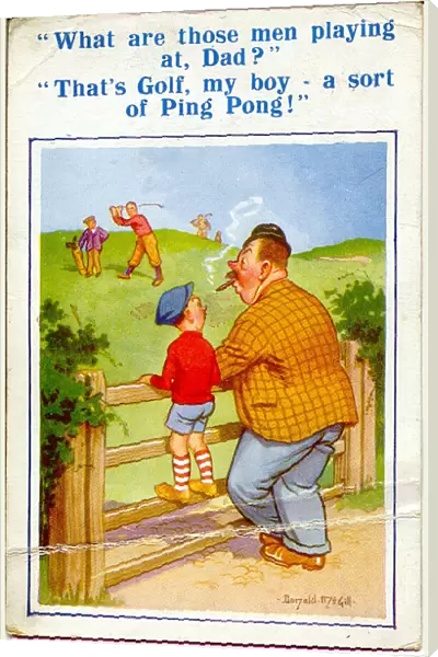 Comic postcard, Father and son watch golfers Date: 20th century