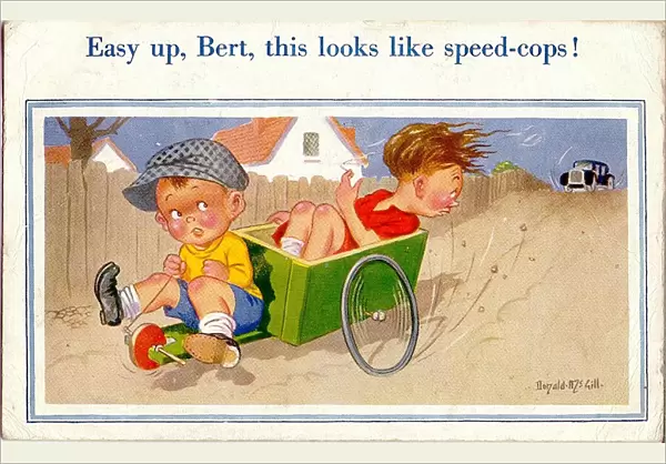 Comic postcard, Two boys speeding in a go-kart Date: 20th century