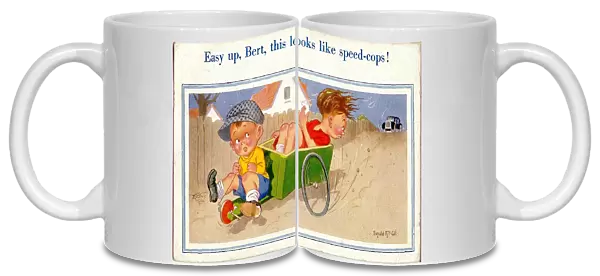 Comic postcard, Two boys speeding in a go-kart Date: 20th century