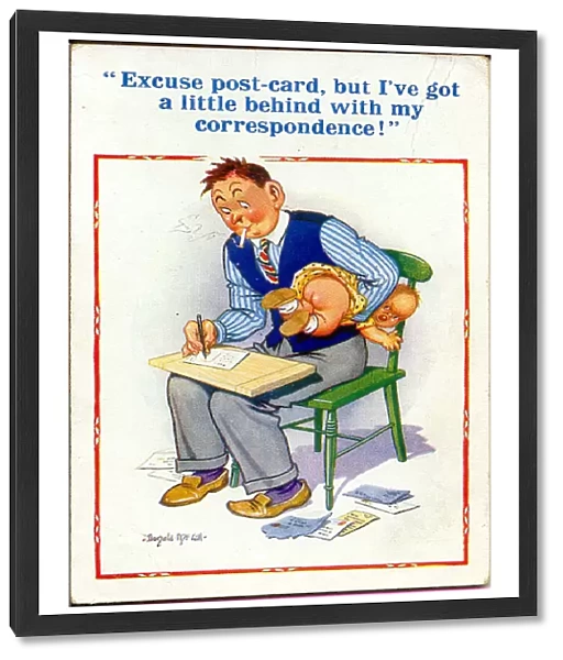Comic postcard, father with baby, writing a card Date: 20th century