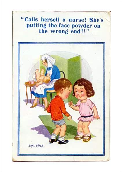 Comic postcard, Girl and boy, nurse and baby