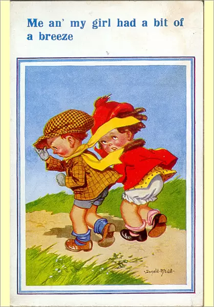 Comic postcard, Boy and girl walking on a windy day Date: 20th century