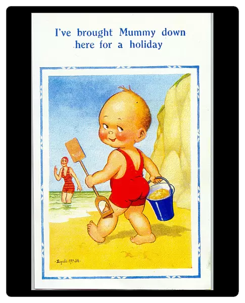 Comic postcard, Little boy on the beach with bucket and spade Date: 20th century