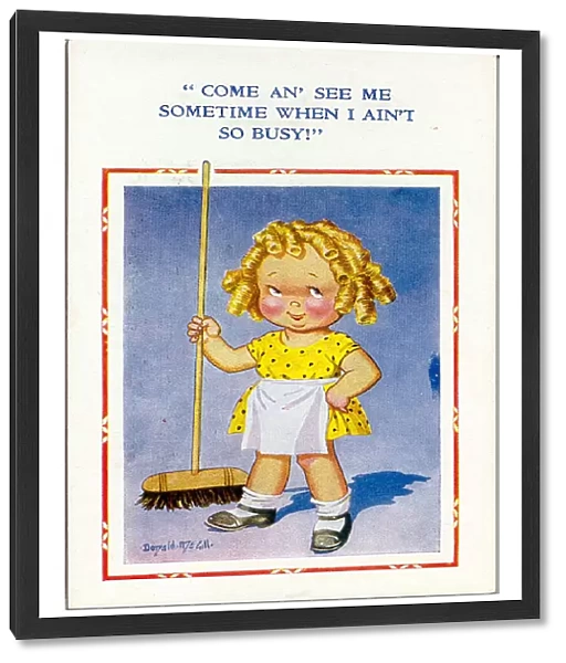 Comic postcard, Little girl with sweeping brush Date: 20th century