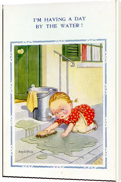 Comic postcard, Little girl scrubbing the front step Date: 20th century