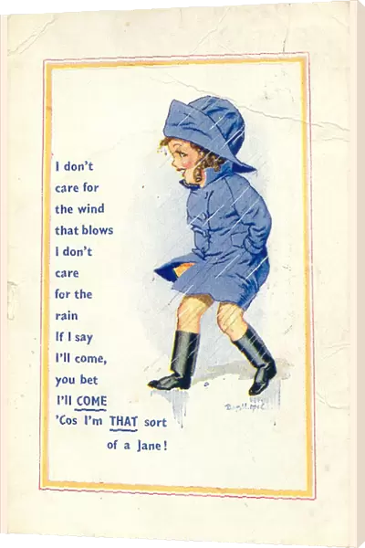 Comic postcard, Little girl walking in the rain Date: 20th century
