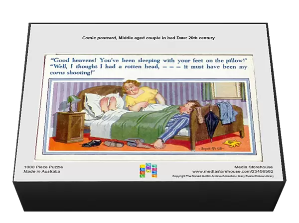 Comic postcard, Middle aged couple in bed Date: 20th century