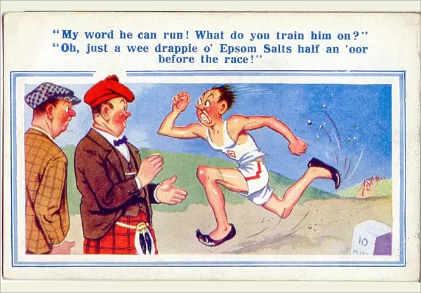 Comic postcard, Scotsman discusses runners training