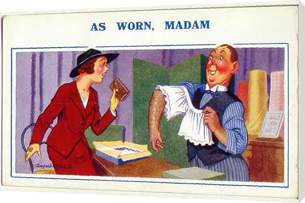 Comic postcard, Woman buying underwear in a shop Date: 20th century