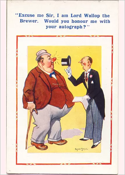 Comic postcard, Man asks large man for autograph Date: 20th century