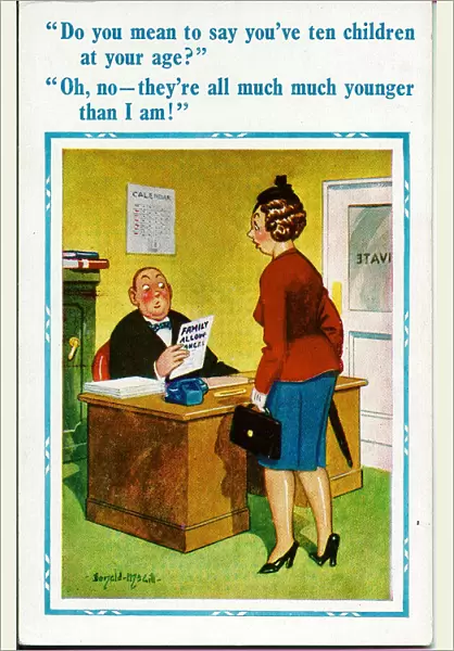 Comic postcard, Man interviews woman in office