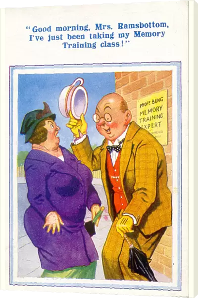 Comic postcard, Man greets woman in the street - memory training Date: 20th century