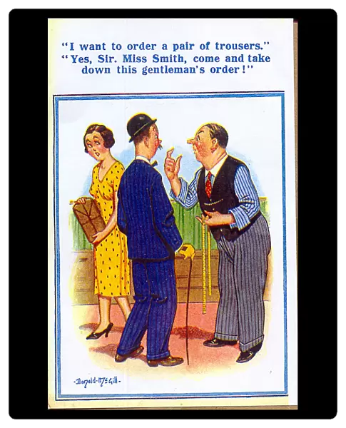Comic postcard, Ordering a pair of trousers Date: 20th century