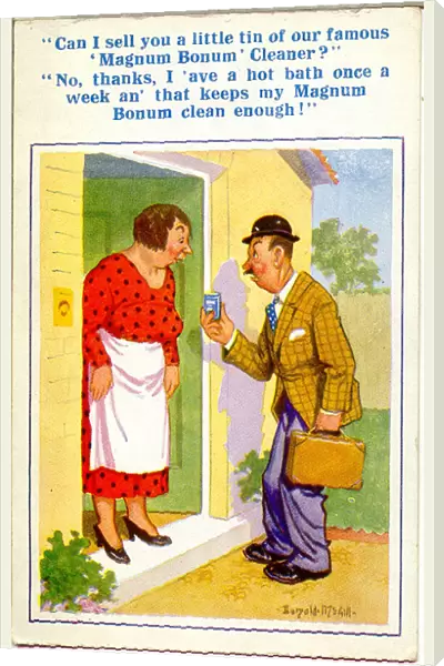 Comic postcard, Woman and door-to-door salesman Date: 20th century
