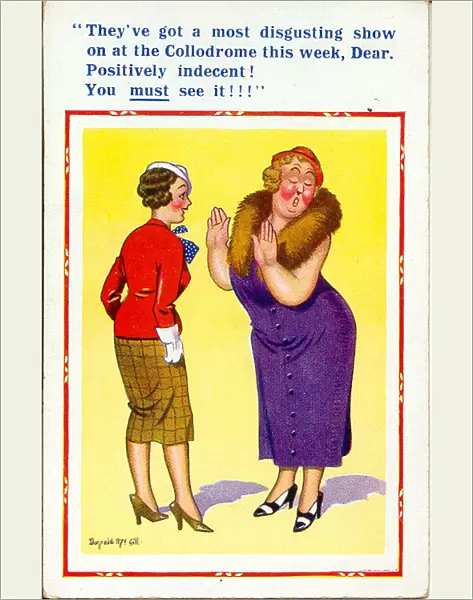 Comic postcard, Women chatting about a show Date: 20th century