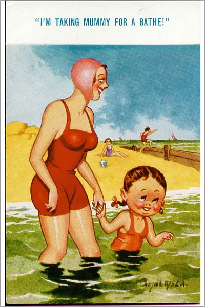 Comic postcard, Mother and daughter in the sea Date: 20th century