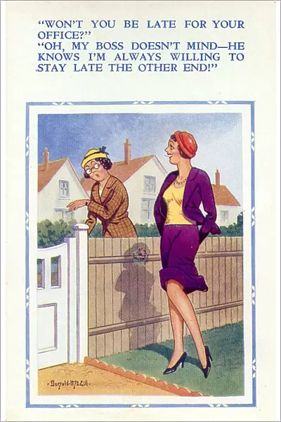 Comic postcard, Neighbours chatting about work Date: 20th century