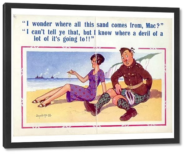 Comic postcard, Scotsman on a sandy beach Date: 20th century