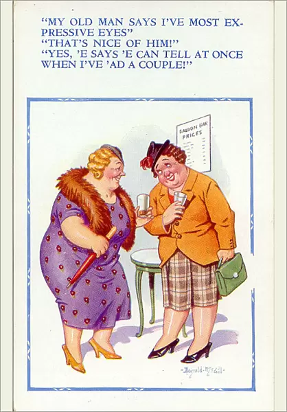 Comic postcard, Woman chats to a friend about her husband Date: 20th century