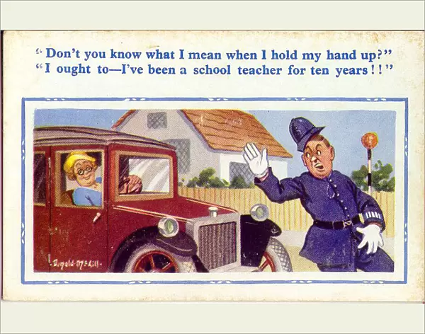 Comic postcard, Woman driver and policeman Date: 20th century
