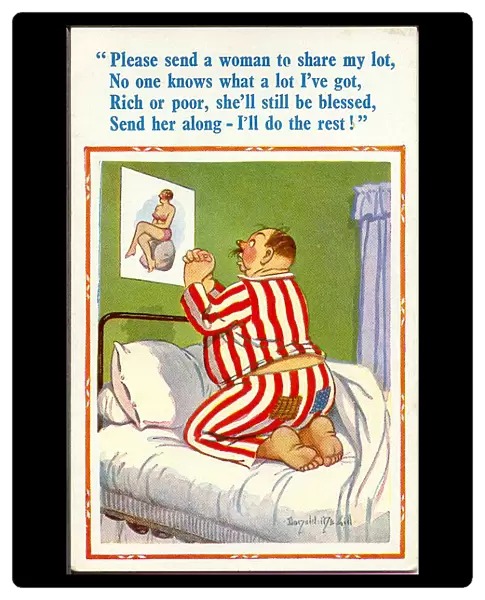 Comic postcard, Man kneeling in bed, praying for a woman Date: 20th century