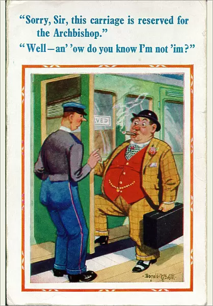 Comic postcard, Railway passenger and station porter Date: 20th century