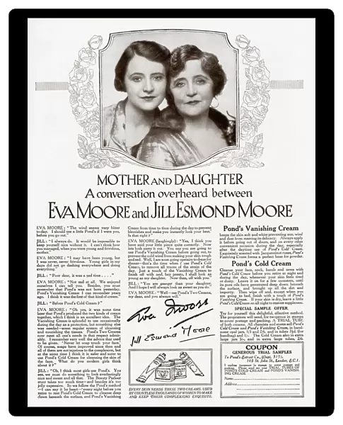 Advertisement for Ponds Creams featuring a conversation between Eva Moore