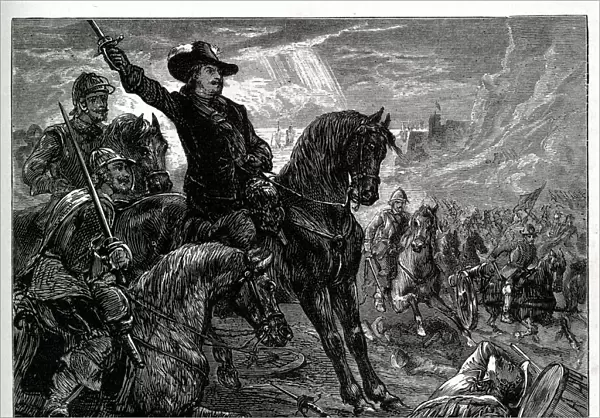 Oliver Cromwell leading the English New Model Army against a Scottish army led by David