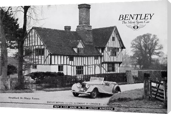Advert for Bentley, the Silent Sports Car, featuring a Bentley motor car in front of a