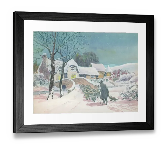 Framed Print : Winter scene print featuring sheep and a shepherd
