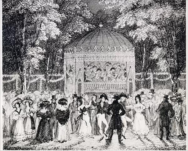 Vauxhall Gardens, people enjoying the music coming form the bandstand. Date: 1800