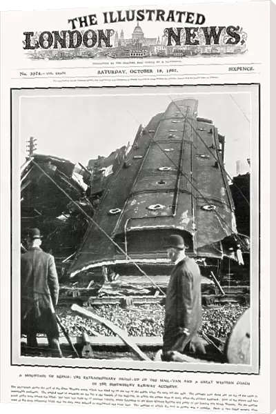Shrewsbury rail accident, showing the roof of the Great Western Railway coach which was piled up on the top of the engine when train left the rails. Date: October 1907