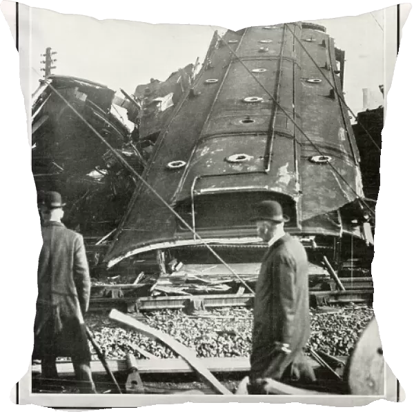 Shrewsbury rail accident, showing the roof of the Great Western Railway coach which was piled up on the top of the engine when train left the rails. Date: October 1907