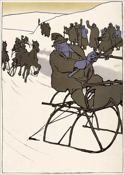 Racing horse-drawn sleighs. Date: 1909