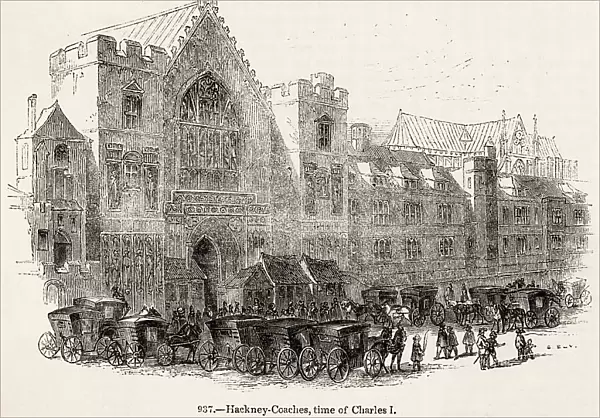 Hackney coaches and their drivers wait for fares in Westminster at the time of Charles I Date: 17th century