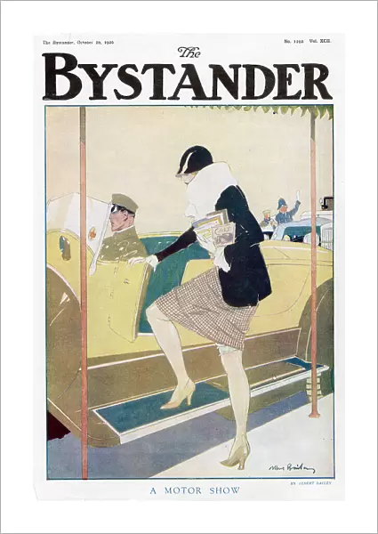 Illustration of an elegant woman getting into her car at a motor show, clutching a brace of car brochures and magazines. As she enters the car, a garter can just be glimpsed peeping from her skirt. Date: 1926