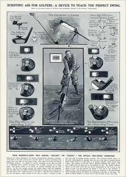 A device to teach the optical golf swing using a mirror-flashes that denote pulling and slicing. Date: 1930