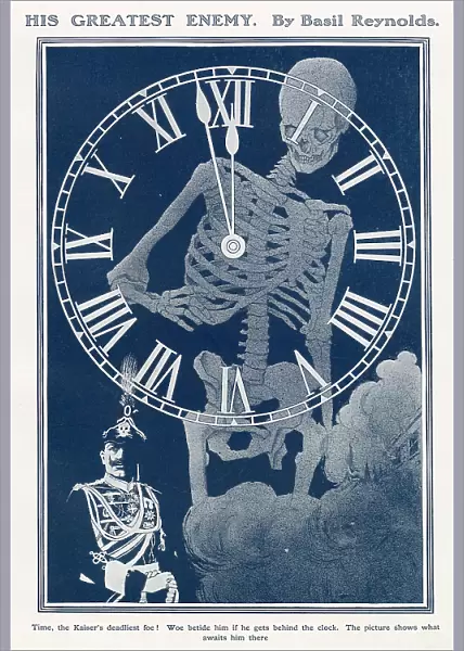 Time, the Kaiser's deadliest foe! Woe betide him if he gets behind the clock. The picture shows what awaits him there. A rather dark depiction of the fate awaiting the German Emperor