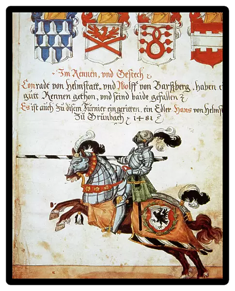 Book of the Tournament. Knight on horseback and armed with s