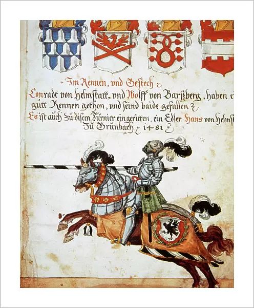 Book of the Tournament. Knight on horseback and armed with s