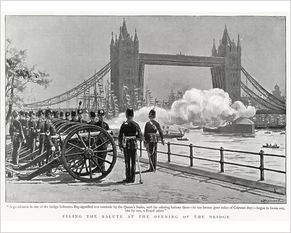 Firing the salute at the opening of Tower Bridge, London. Date: 30th June 1894