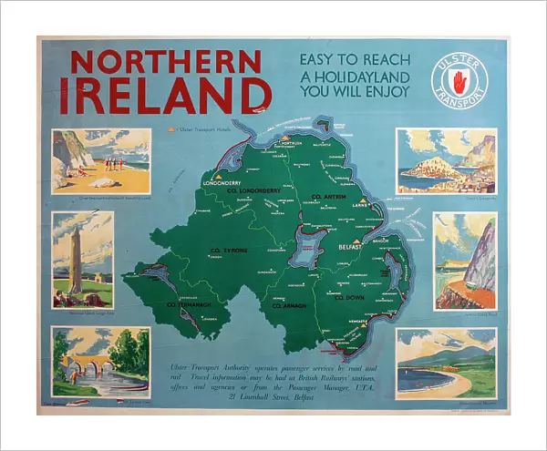 Poster, Northern Ireland, Ulster Transport tourist map, with six vignettes of places to visit - easy to reach, a holidayland you will enjoy. Date: circa 1950