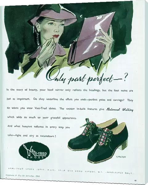 Advert showing Vani-Tred's Carlton range of women's shoes. Date: 1943