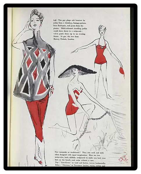Summer fashion ideas for women: a plage suit with a lozenge-patterned jerkin, and two swimsuits. Date: 1954