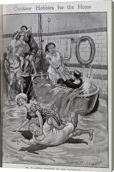 Caricature illustration by Dudley Tennant, mixed bathing in the bathroom. With men and women in bathing suits, and an overflowing bathtub. Captioned, Outdoor hobbies for the home