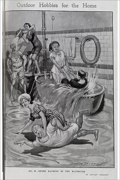 Caricature illustration by Dudley Tennant, mixed bathing in the bathroom. With men and women in bathing suits, and an overflowing bathtub. Captioned, Outdoor hobbies for the home