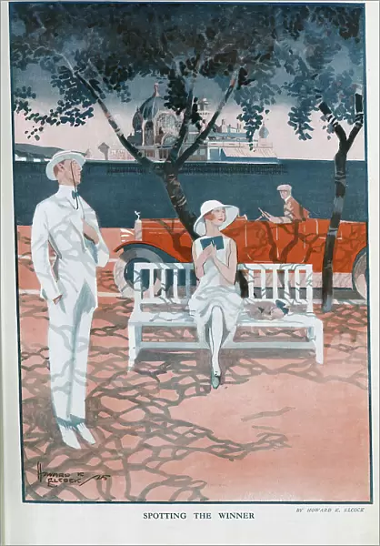 Seaside scene, Spotting the Winner, by Howard K Elcock. Showing stylish man, and woman on bench beneath trees, with man driving Rolls Royce along sea front. With pier and pavilion in background
