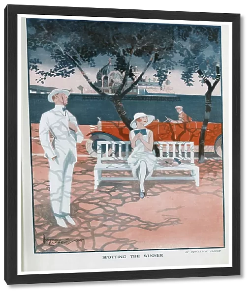 Seaside scene, Spotting the Winner, by Howard K Elcock. Showing stylish man, and woman on bench beneath trees, with man driving Rolls Royce along sea front. With pier and pavilion in background
